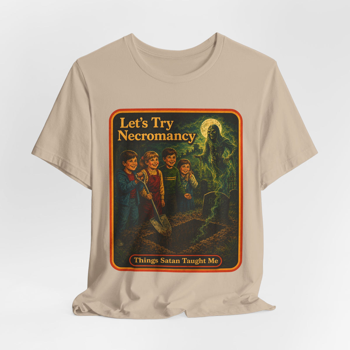 Let's Try Necromancy Unisex Tee in Tan, view 4