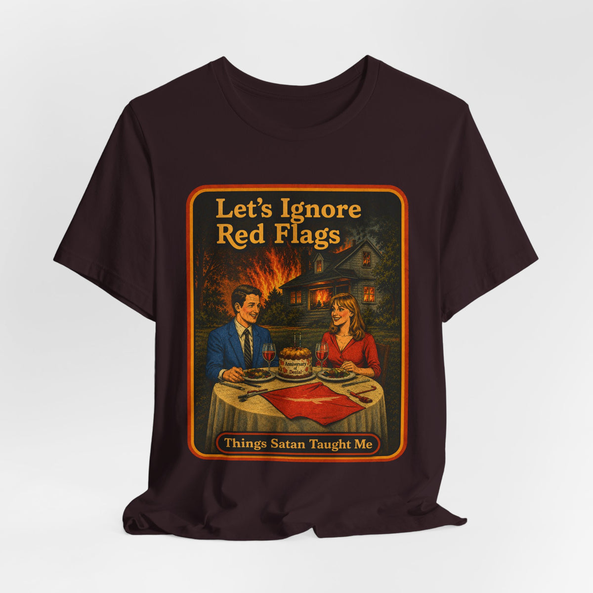 Let's Ignore Red Flags Unisex Tee in Oxblood Black, view 4