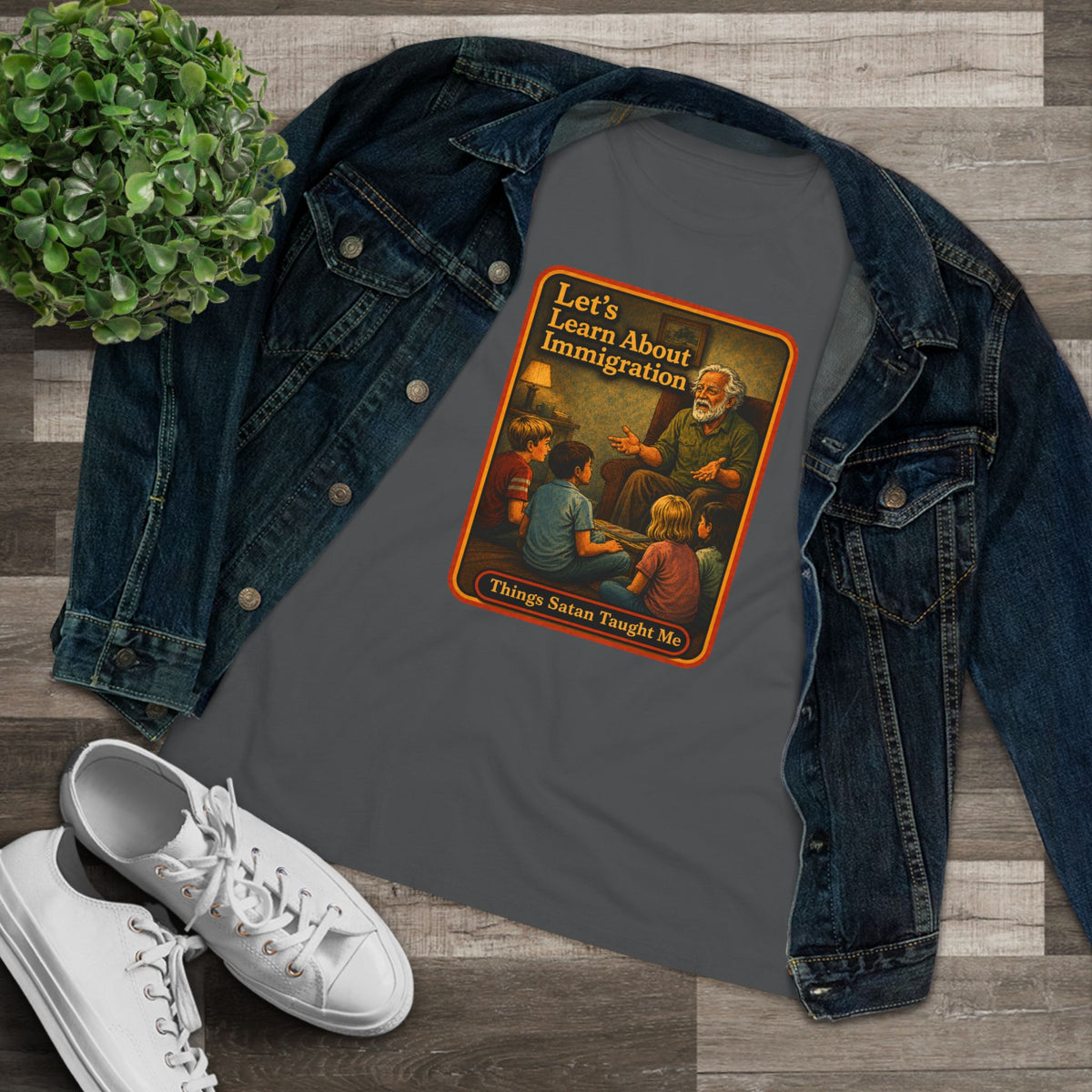 Let's Learn About Immigration Women's Tee in Asphalt, view 3