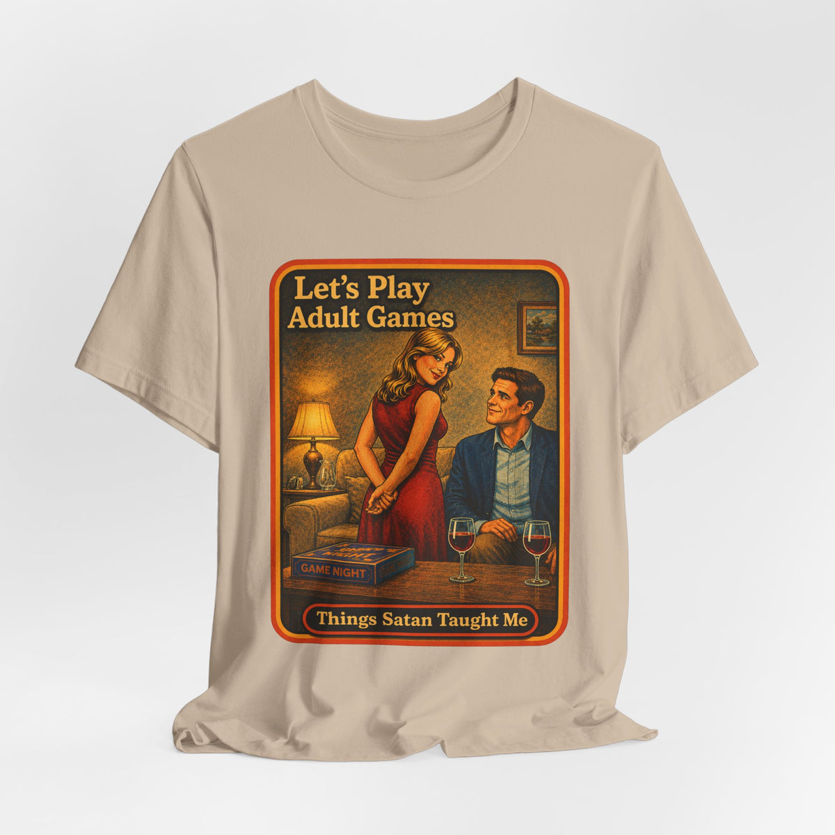 Let's Play Adult Games Unisex Tee in Tan, view 4