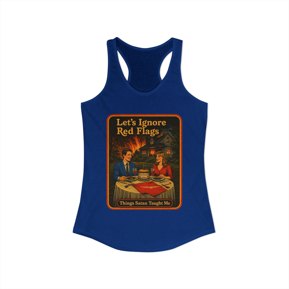 Let's Ignore Red Flags Racerback Tank in Royal, view 2