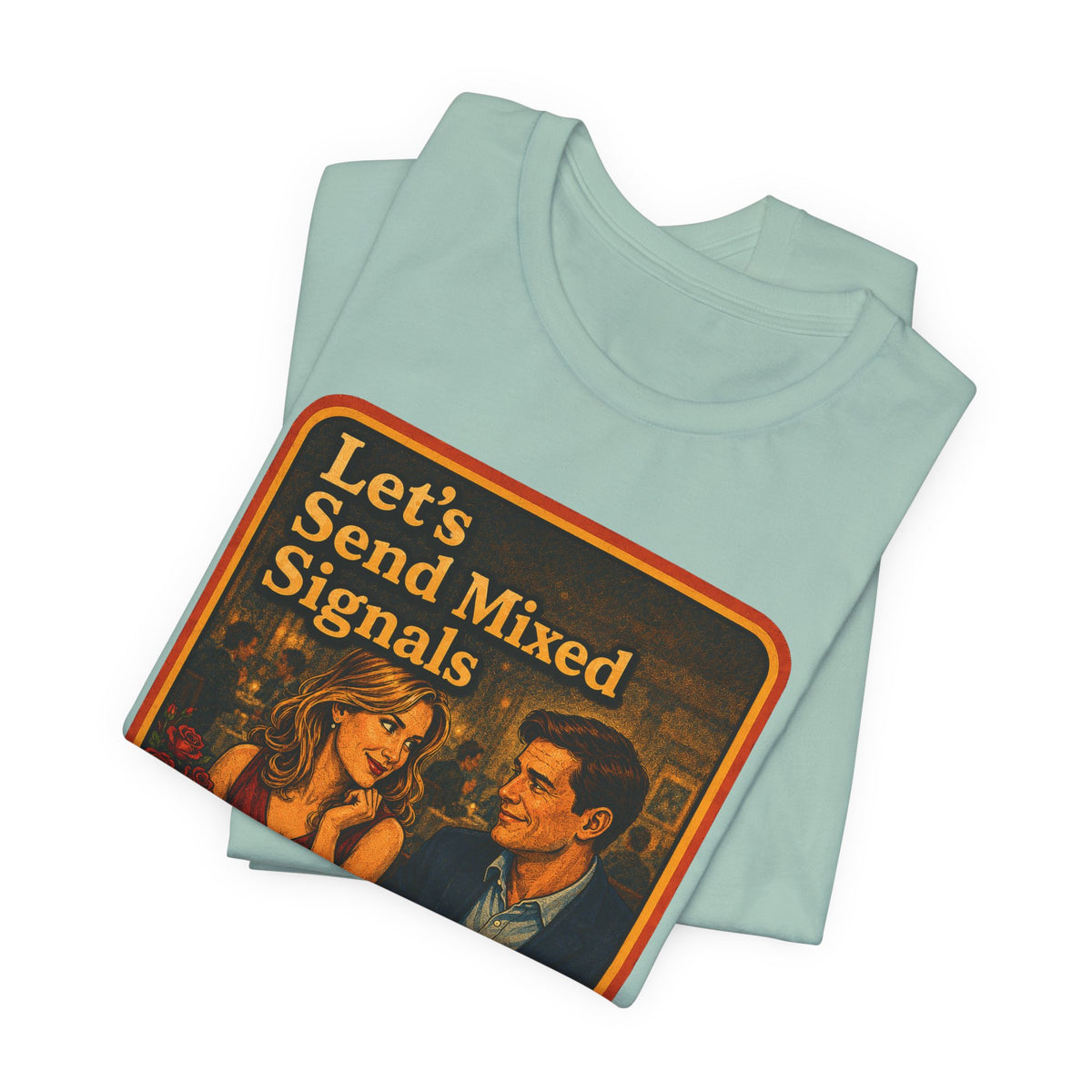 Let's Send Mixed Signals Unisex Tee in Dusty Blue, view 3