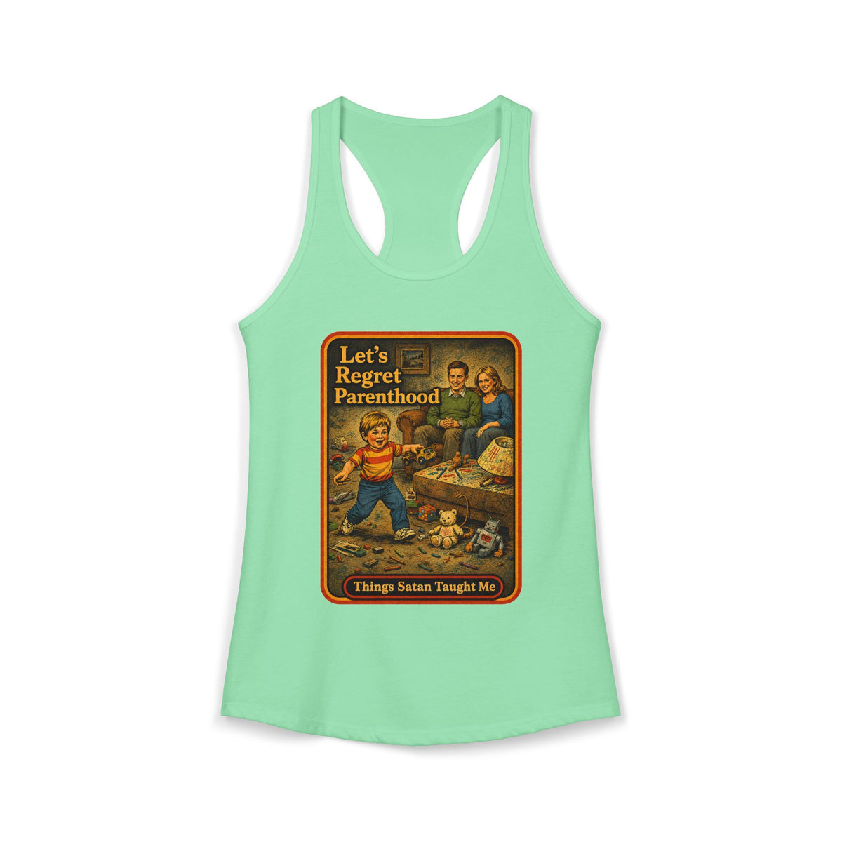 Let's Regret Parenthood Racerback Tank in Mint, front