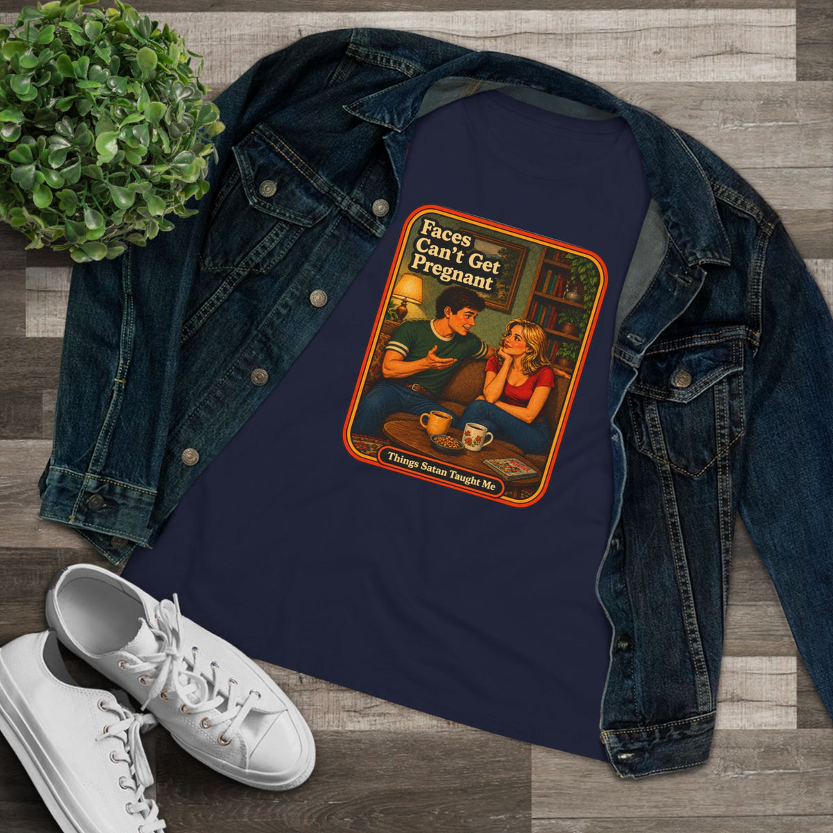 Faces Can't Get Pregnant Women's Tee in Navy, view 3