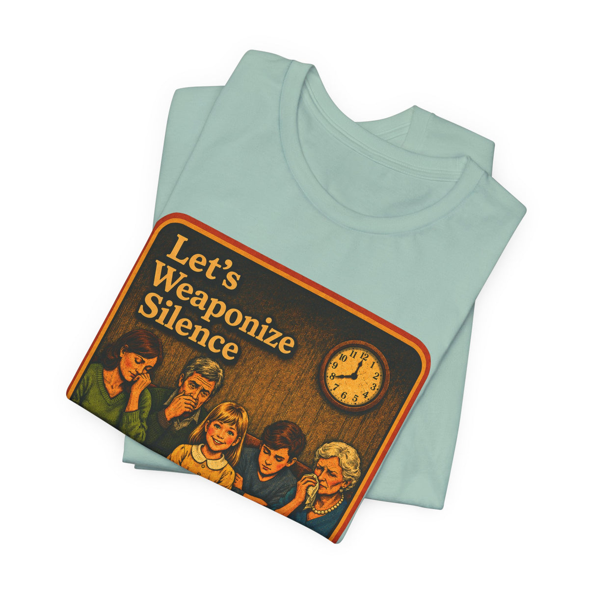 Let's Weaponize Silence Unisex Tee in Dusty Blue, view 3