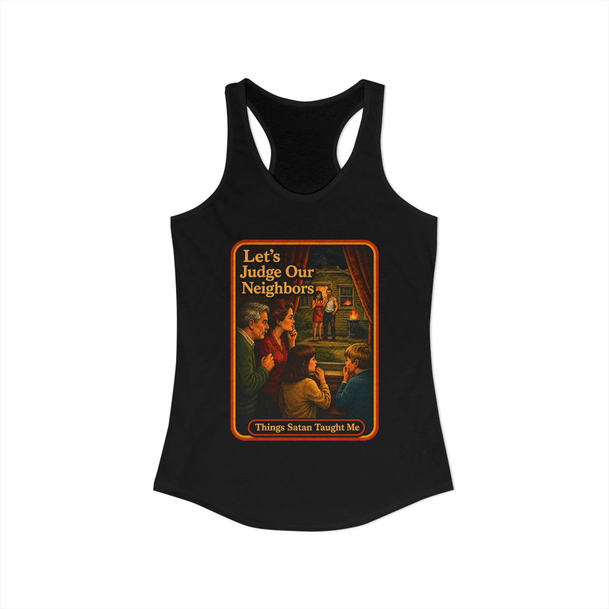 Let's Judge Our Neighbors Racerback Tank in Black, view 2