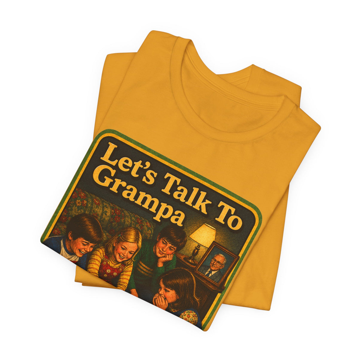 Let's Talk To Grampa Unisex Tee in Mustard, view 3