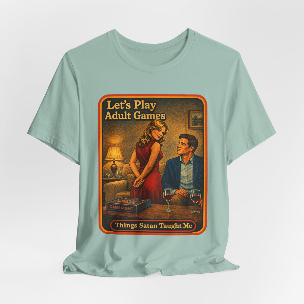 Let's Play Adult Games Unisex Tee in Dusty Blue, view 4