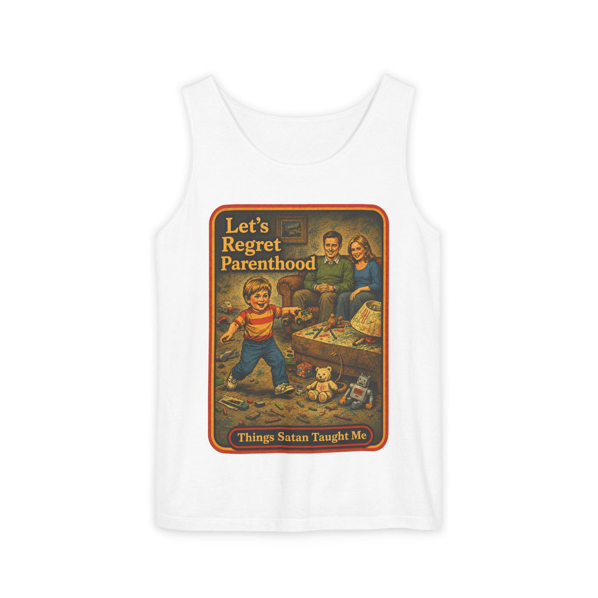 Let's Regret Parenthood Wife Beater in White, front