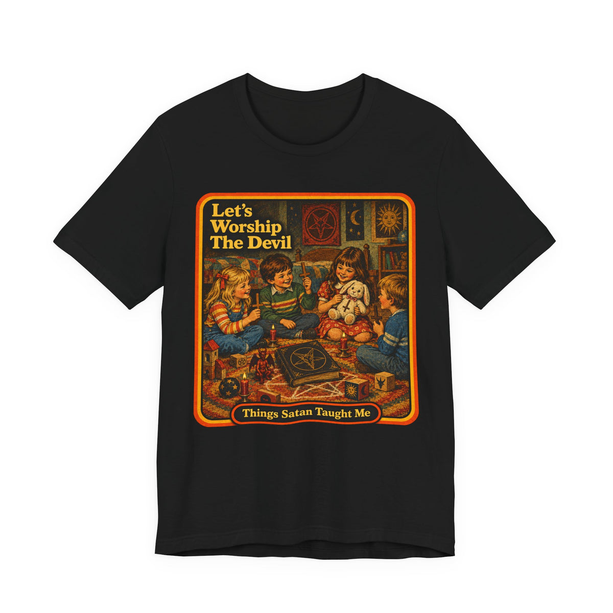 Let's Worship The Devil Unisex Tee in Black, front