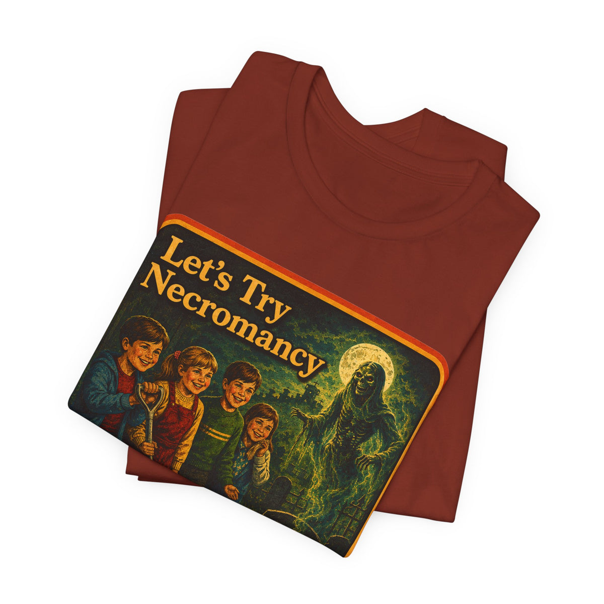 Let's Try Necromancy Unisex Tee in Rust, view 3