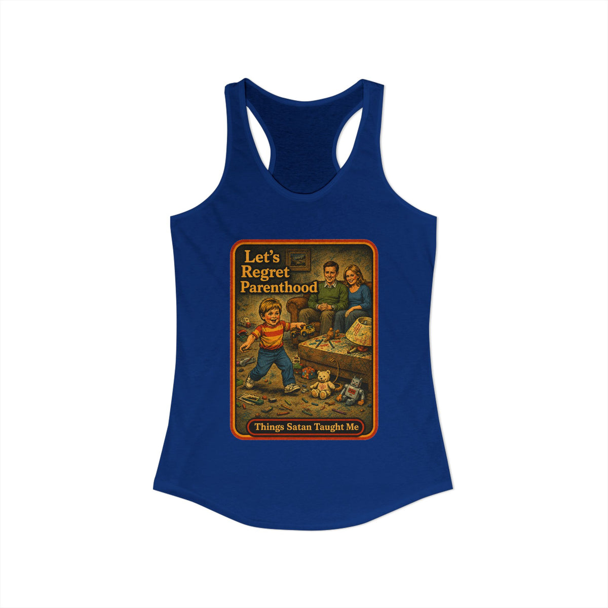 Let's Regret Parenthood Racerback Tank in Royal, view 2