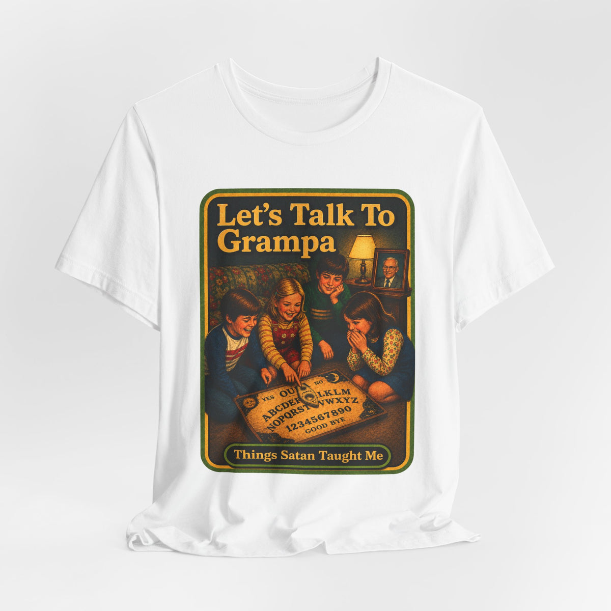 Let's Talk To Grampa Unisex Tee in White, view 4
