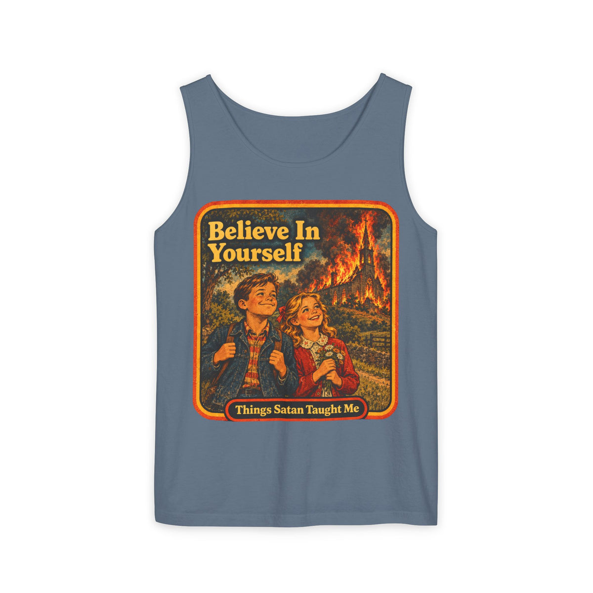 Believe In Yourself Men's Wife Beater | Things Satan Taught Me  in Blue Jean, front