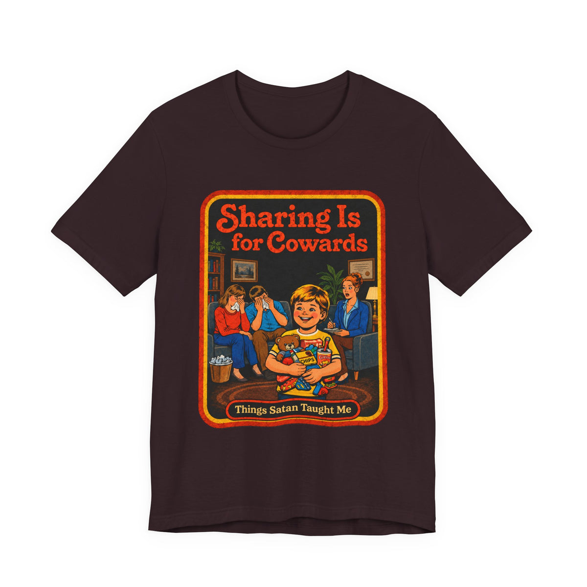 Sharing Is For Cowards Unisex Tee in Oxblood Black, front