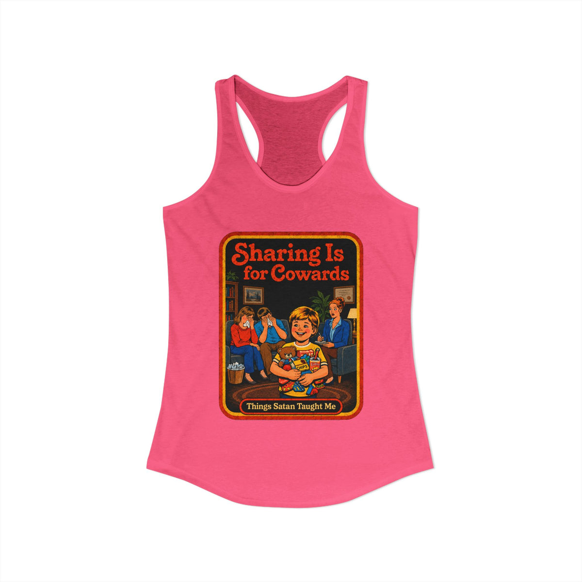 Sharing Is For Cowards Racerback Tank in Hot Pink, view 2