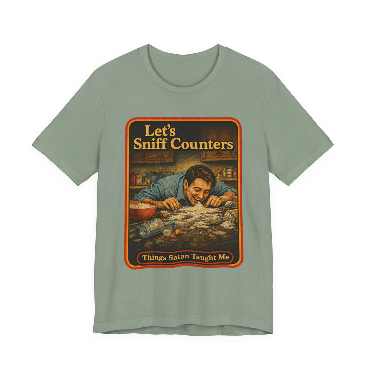 Let's Sniff Counters Unisex Tee in Sage, front