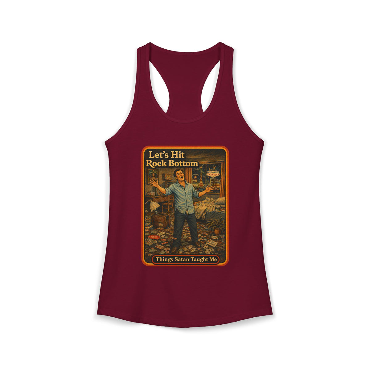 Let's Hit Rock Bottom Racerback Tank in Cardinal Red, front