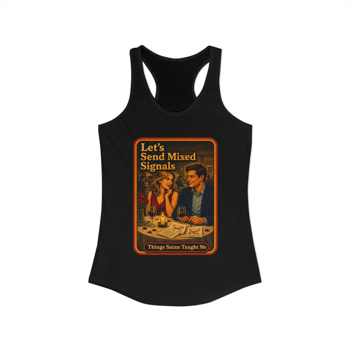 Let's Send Mixed Signals Racerback Tank in Black, view 2