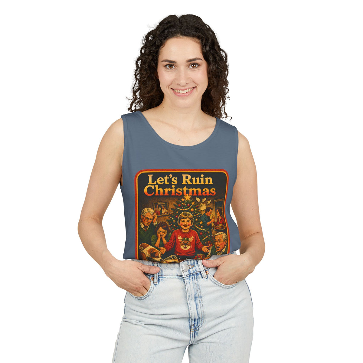 Let's Ruin Christmas Wife Beater in Blue Jean, view 3