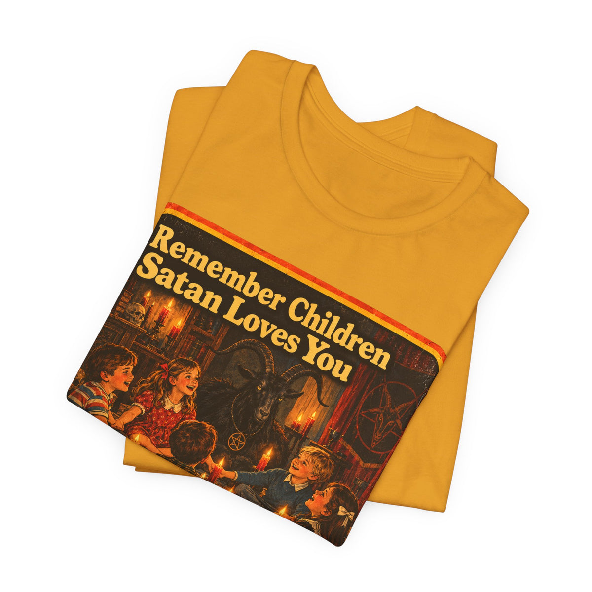 Remember Children. Satan Loves You Unisex Tee in Mustard, view 3