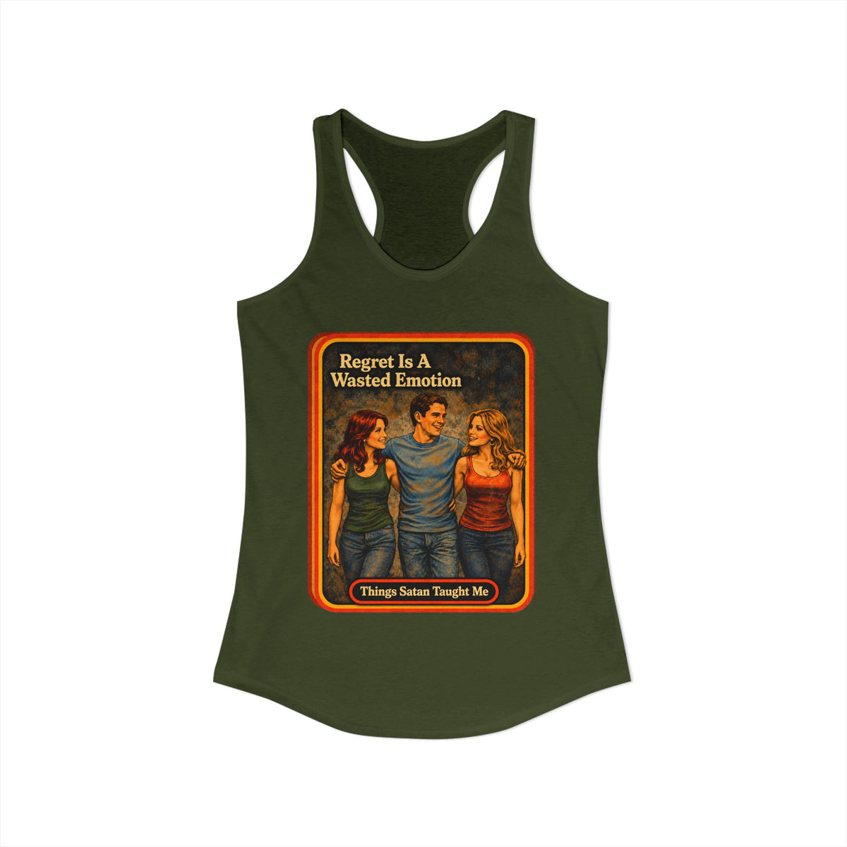 Regret Is A Wasted Emotion Racerback Tank in Military Green, view 2