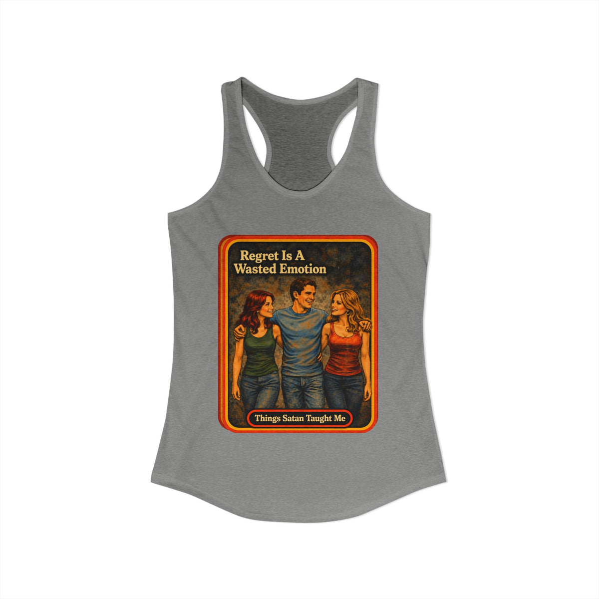 Regret Is A Wasted Emotion Racerback Tank in Heather Grey, view 2