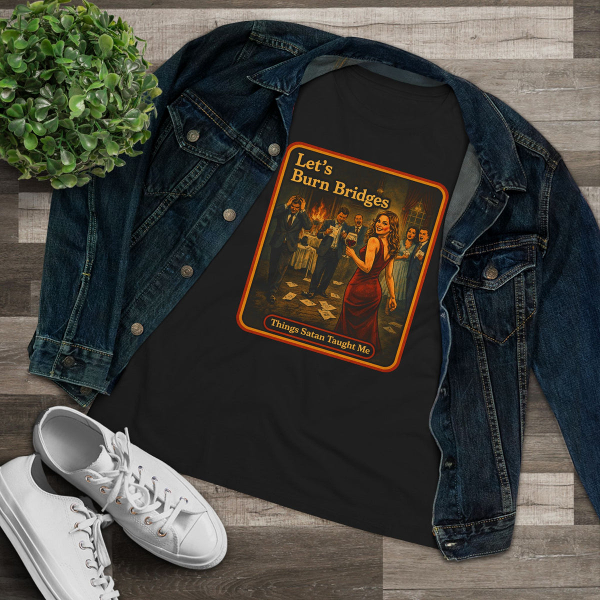 Let's Burn Bridges Women's Tee in Black, view 3