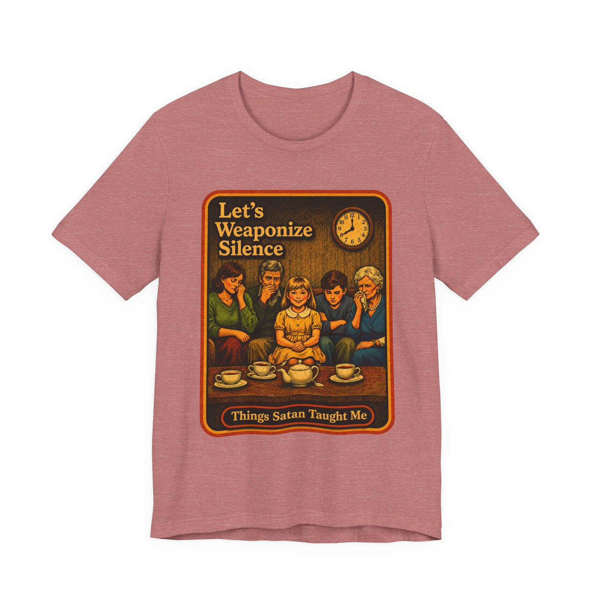 Let's Weaponize Silence Unisex Tee in Heather Mauve, front