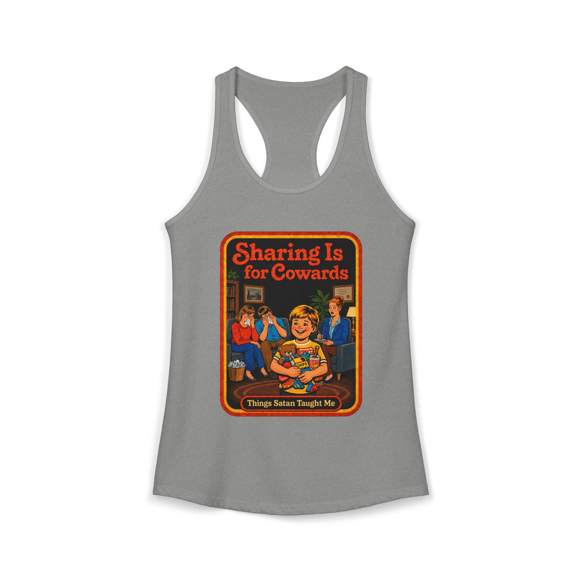 Sharing Is For Cowards Racerback Tank in Heather Grey, front