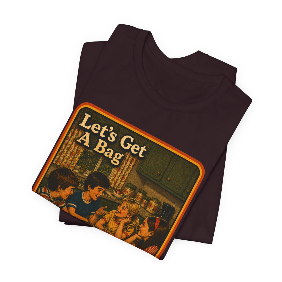 Let's Get Another Bag Unisex Tee in Oxblood Black, view 3