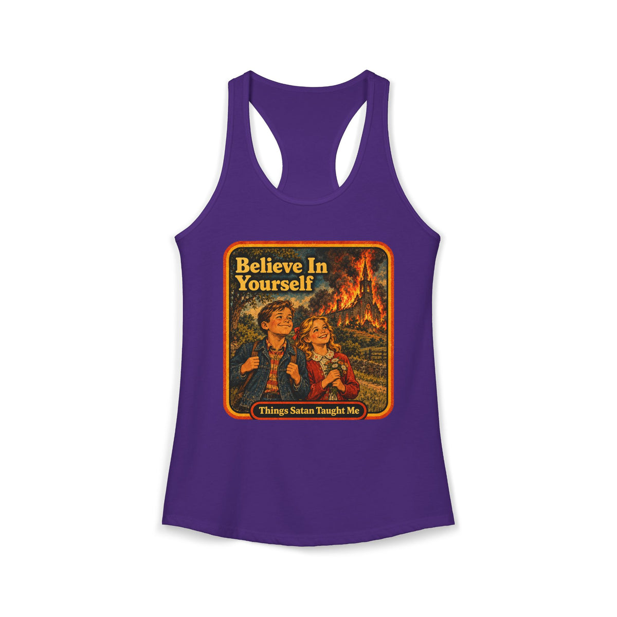 Believe In Yourself Women's Racerback Tank | Things Satan Taught Me  in Purple Rush, front