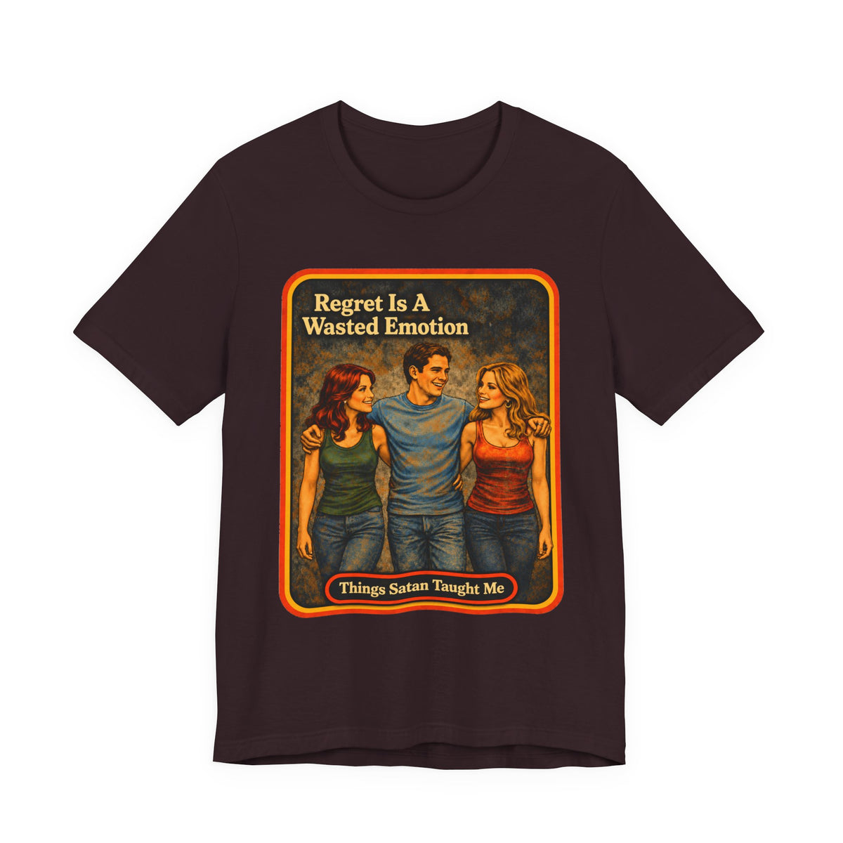 Regret Is A Wasted Emotion Unisex Tee in Oxblood Black, front