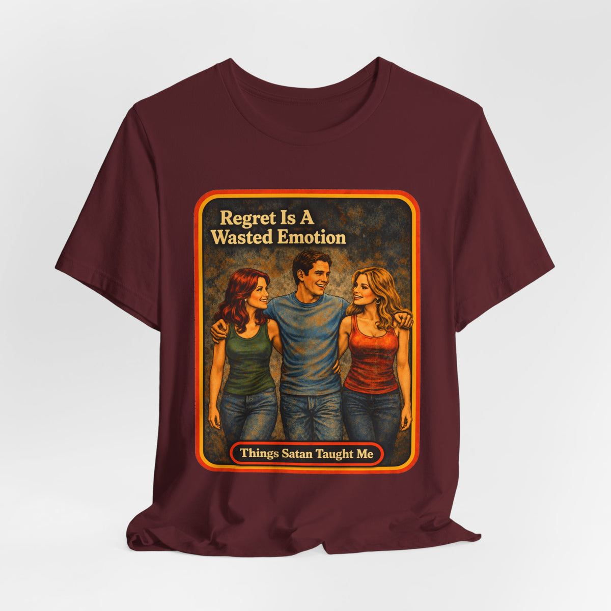 Regret Is A Wasted Emotion Unisex Tee in Maroon, view 4