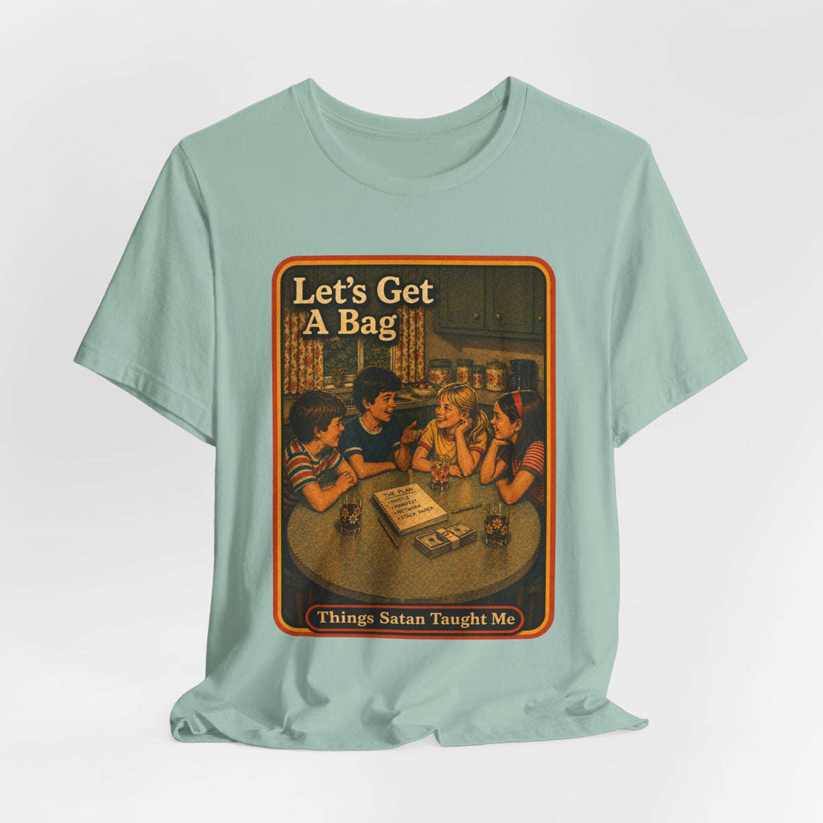 Let's Get Another Bag Unisex Tee in Dusty Blue, view 4