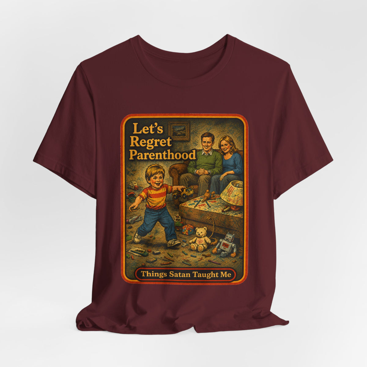 Let's Regret Parenthood Unisex Tee in Maroon, view 4