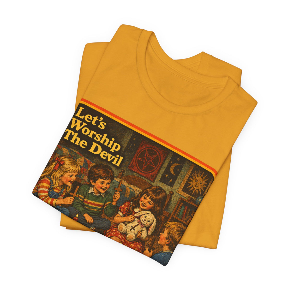 Let's Worship The Devil Unisex Tee in Mustard, view 3
