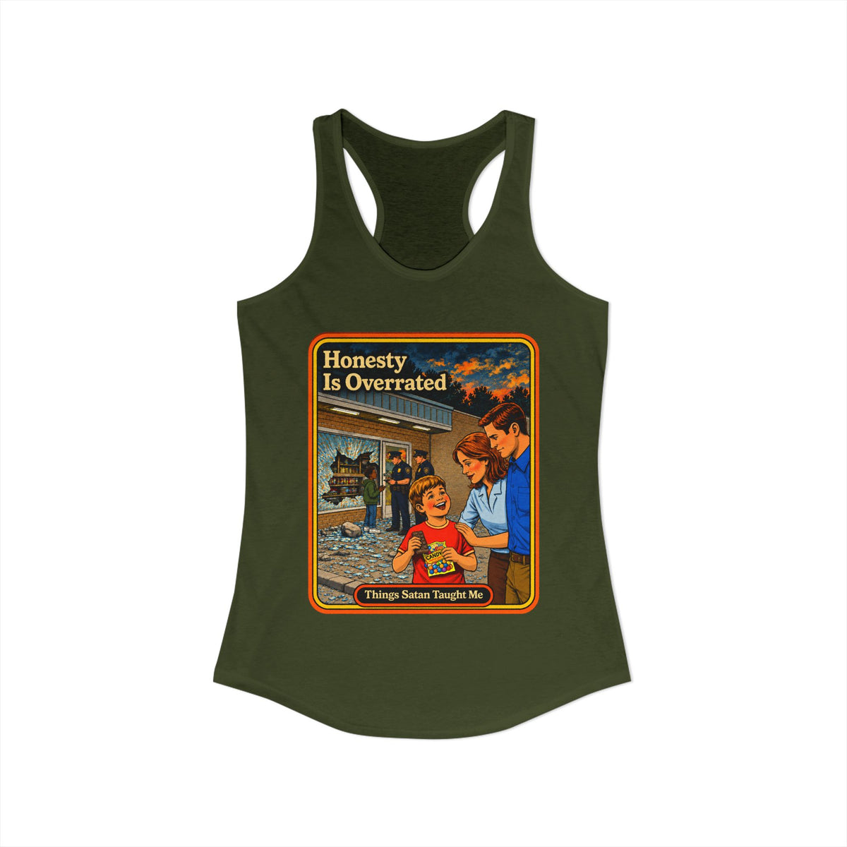 Honesty Is Overrated Racerback Tank in Military Green, view 2