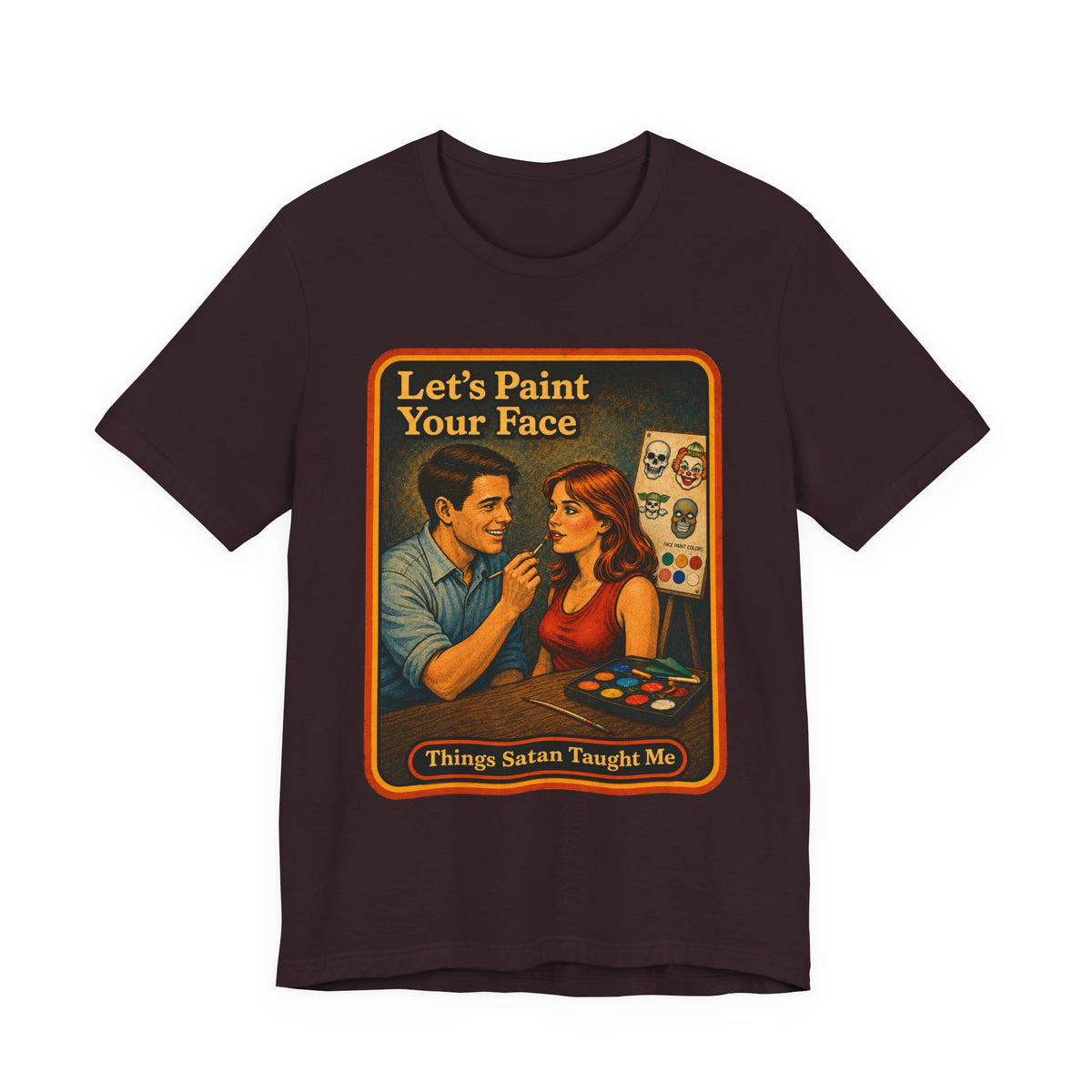 Let's Paint Your Face Unisex Tee in Oxblood Black, front