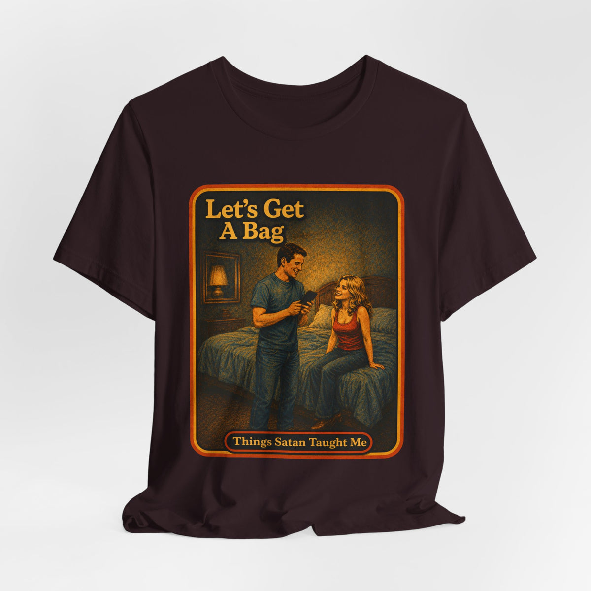 Let's Get A Bag Unisex Tee in Oxblood Black, view 4