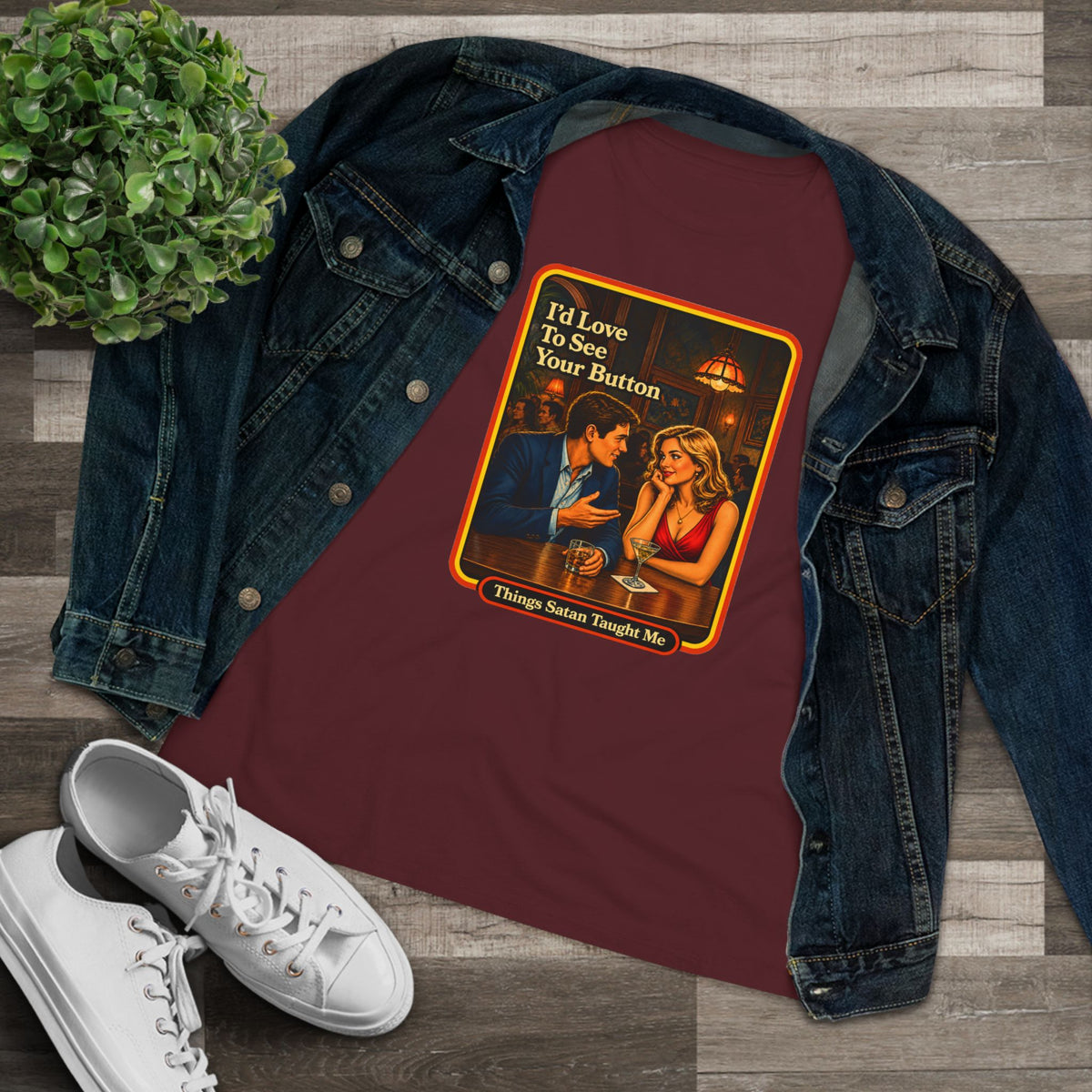 I'd Love To See Your Button Women's Tee in Maroon, view 3