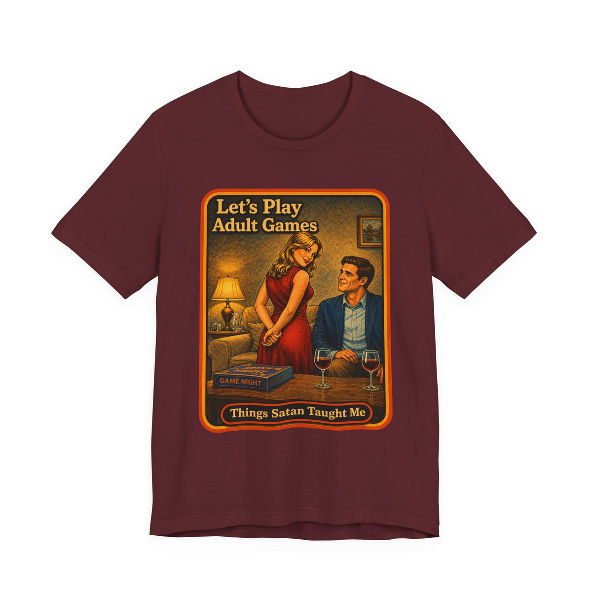 Let's Play Adult Games Unisex Tee in Maroon, front
