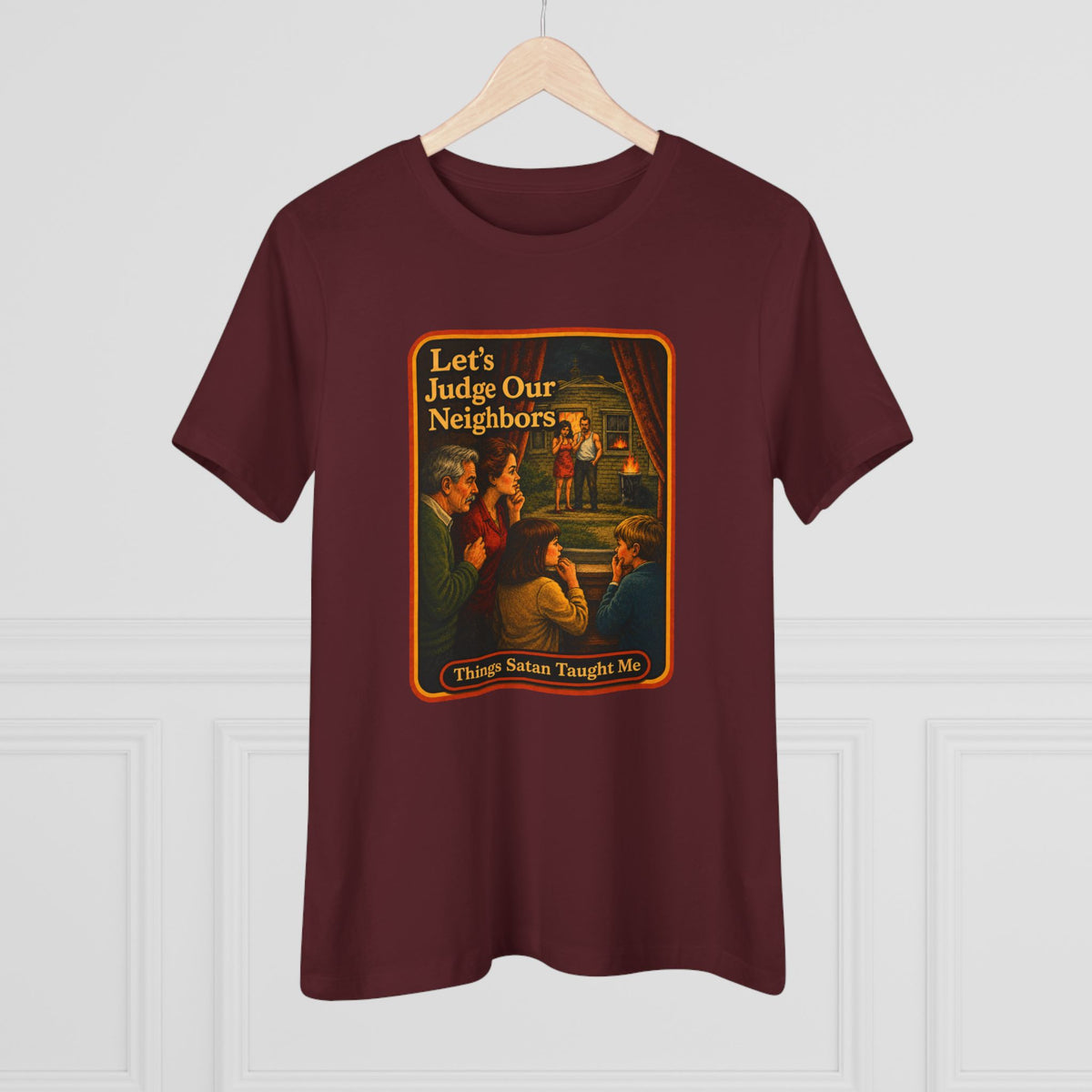 Let's Judge Our Neighbors Women's Tee in Maroon, view 4