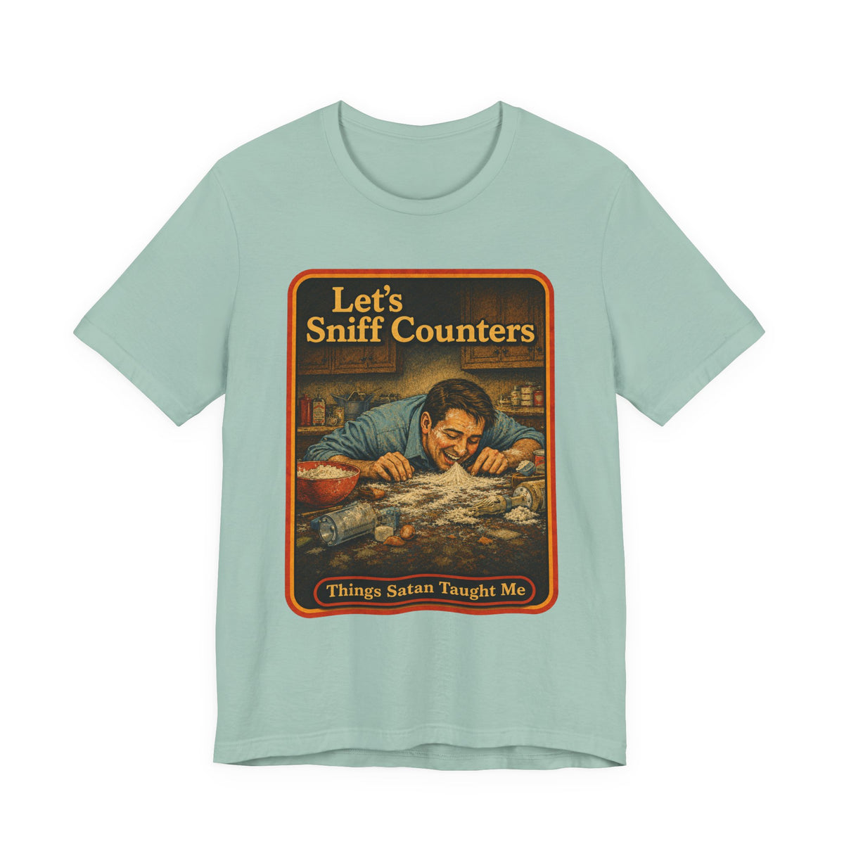 Let's Sniff Counters Unisex Tee in Dusty Blue, front