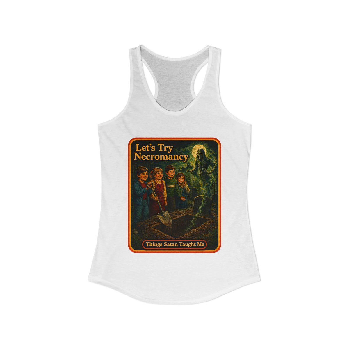 Let's Try Necromancy Racerback Tank in White, view 2