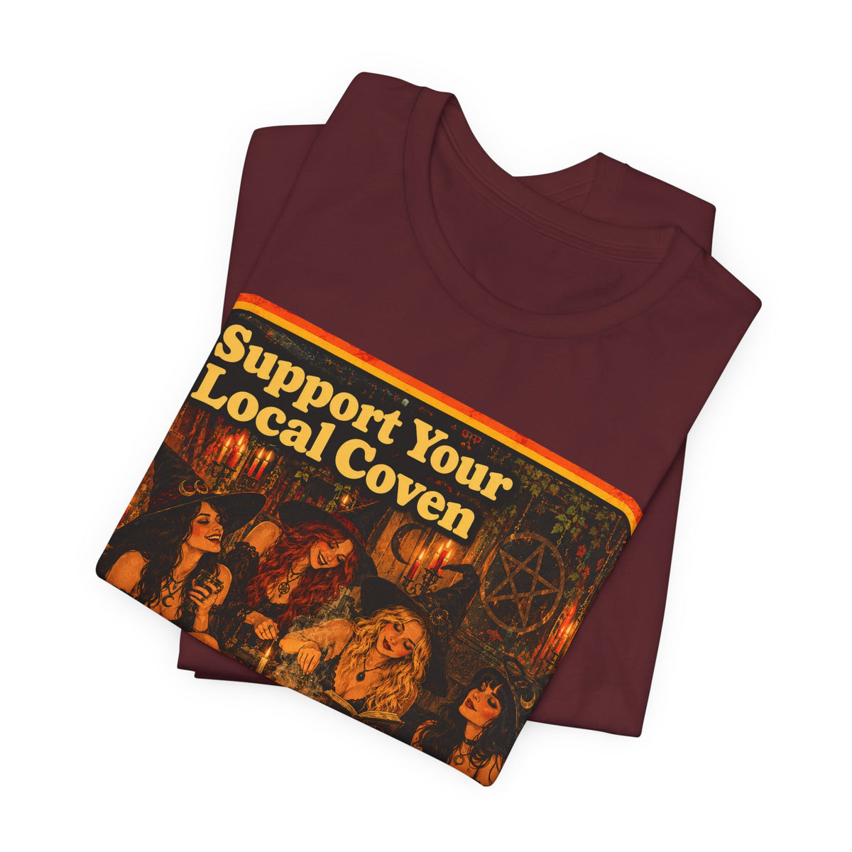 Support Your Local Coven Unisex Tee in Maroon, view 3