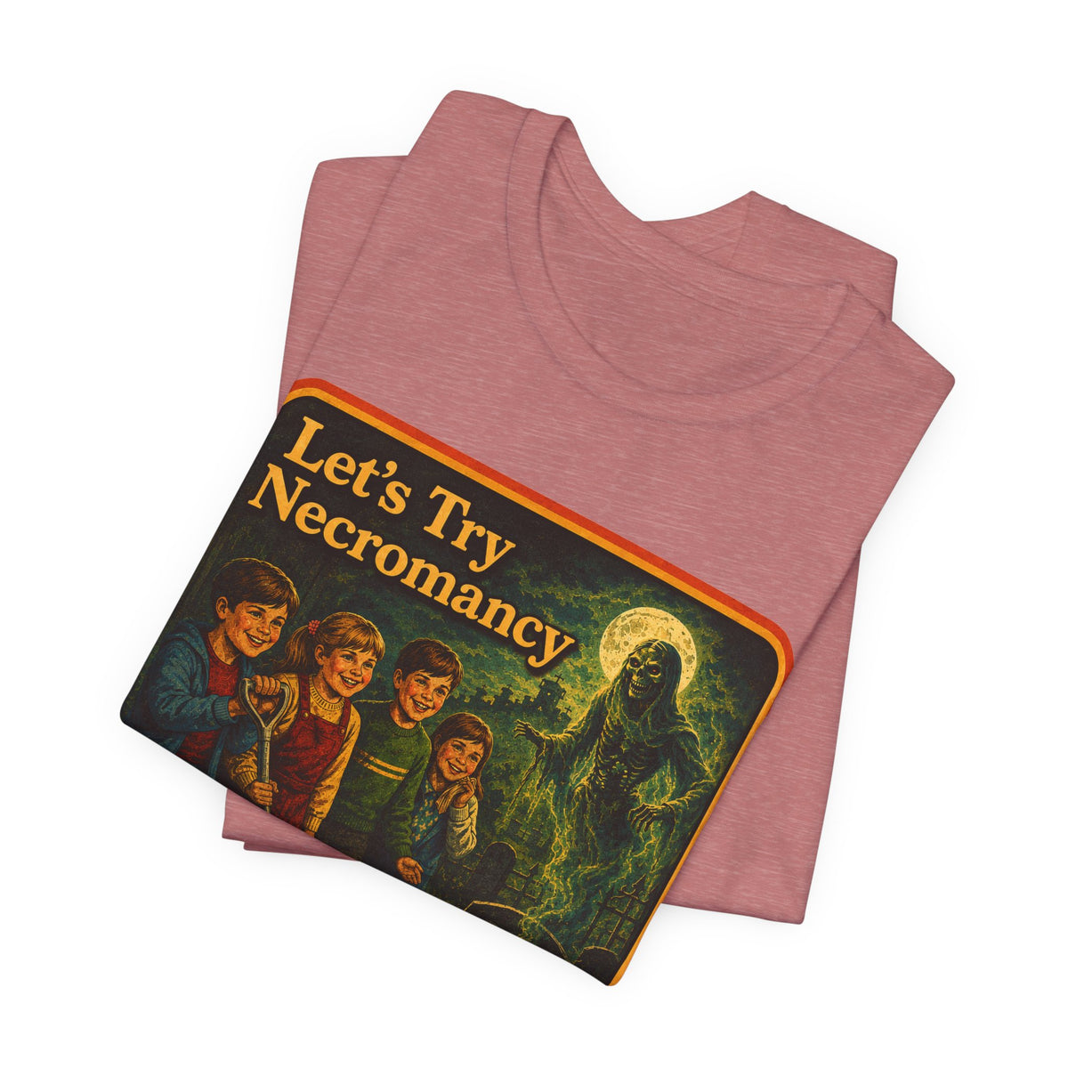 Let's Try Necromancy Unisex Tee in Heather Mauve, view 3