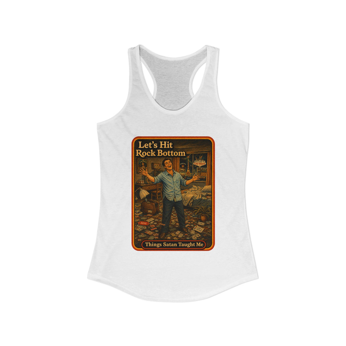 Let's Hit Rock Bottom Racerback Tank in White, view 2