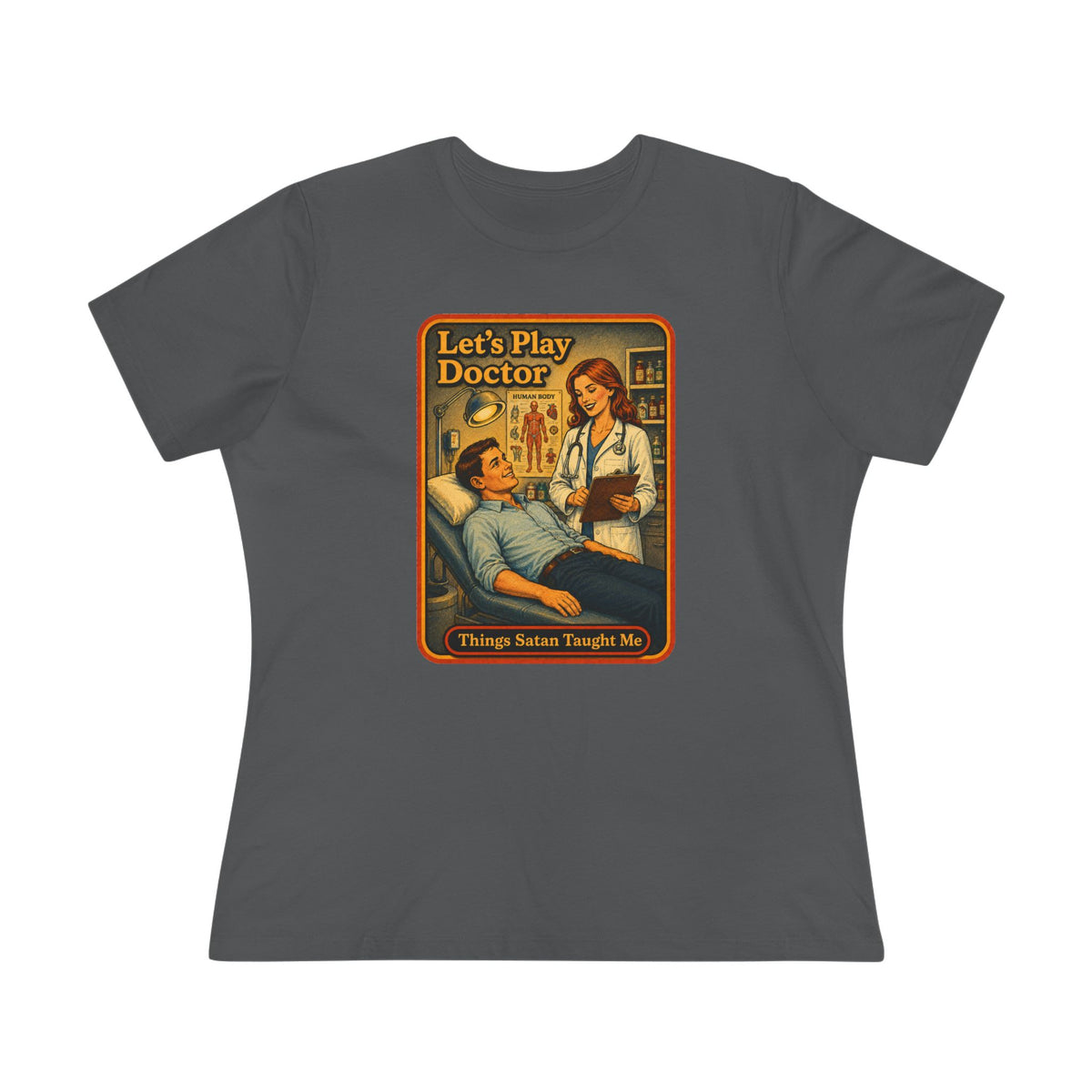 Let's Play Doctor Women's Tee in Asphalt, front