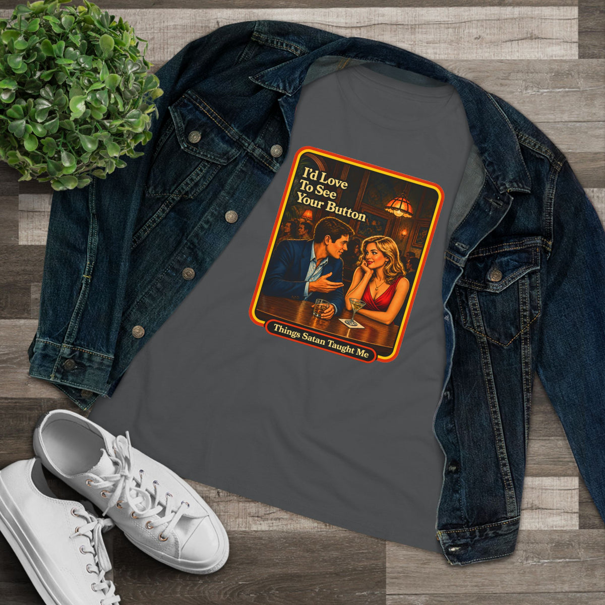 I'd Love To See Your Button Women's Tee in Asphalt, view 3